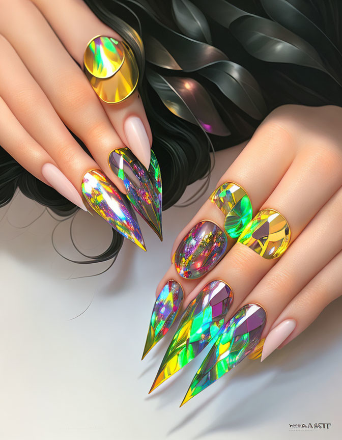 Shimmering holographic stiletto nails with yellow, green, and pink colors on black w