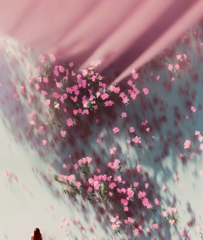 Person admires pink flowers against shadowed wall with surreal pink hue.