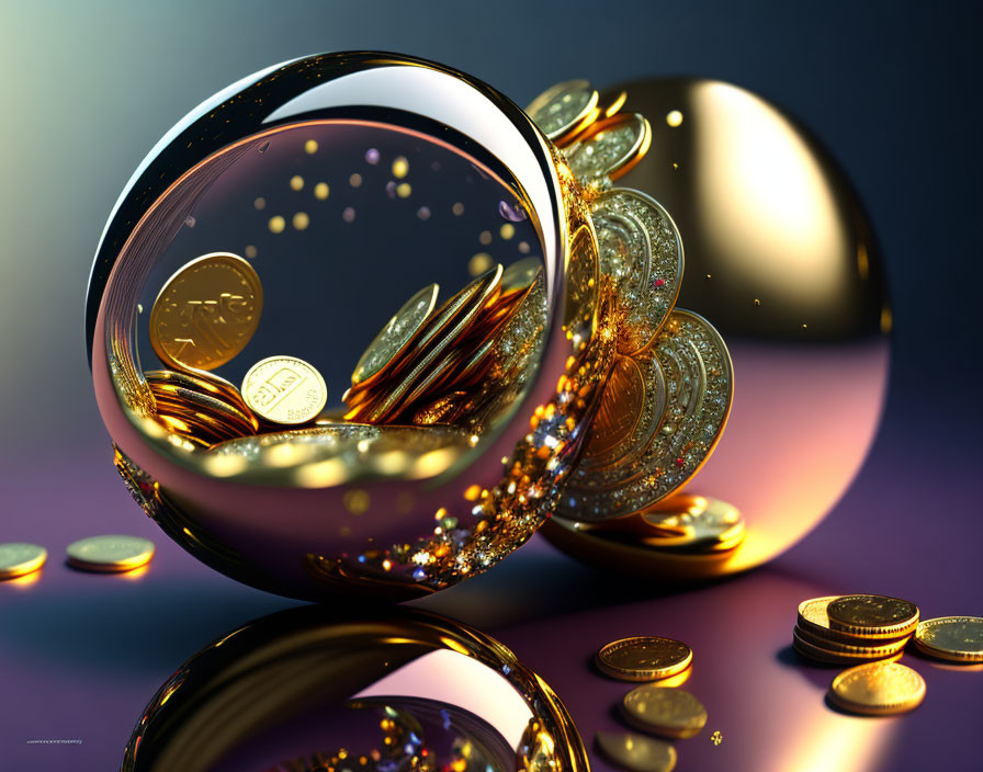 Transparent Sphere Spilling Golden Coins on Reflective Surface