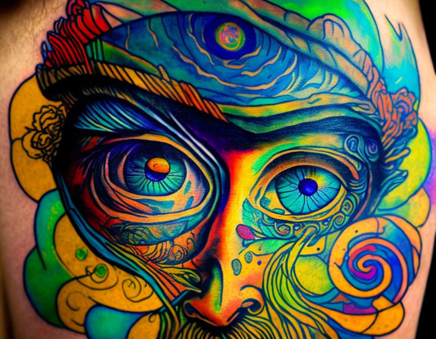 Colorful Abstract Face Tattoo with Swirling Patterns and Spiral Eyes