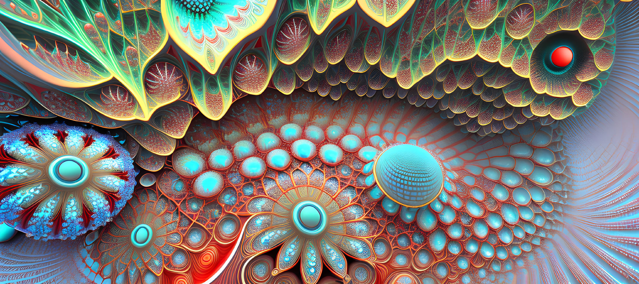 Colorful Abstract Fractal Art: Spherical Shapes & Intricate Patterns in Blue, Red, and