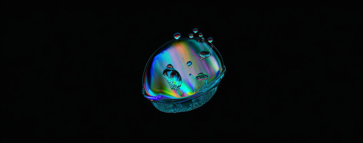 Colorful soap bubble with iridescent surface patterns on dark background