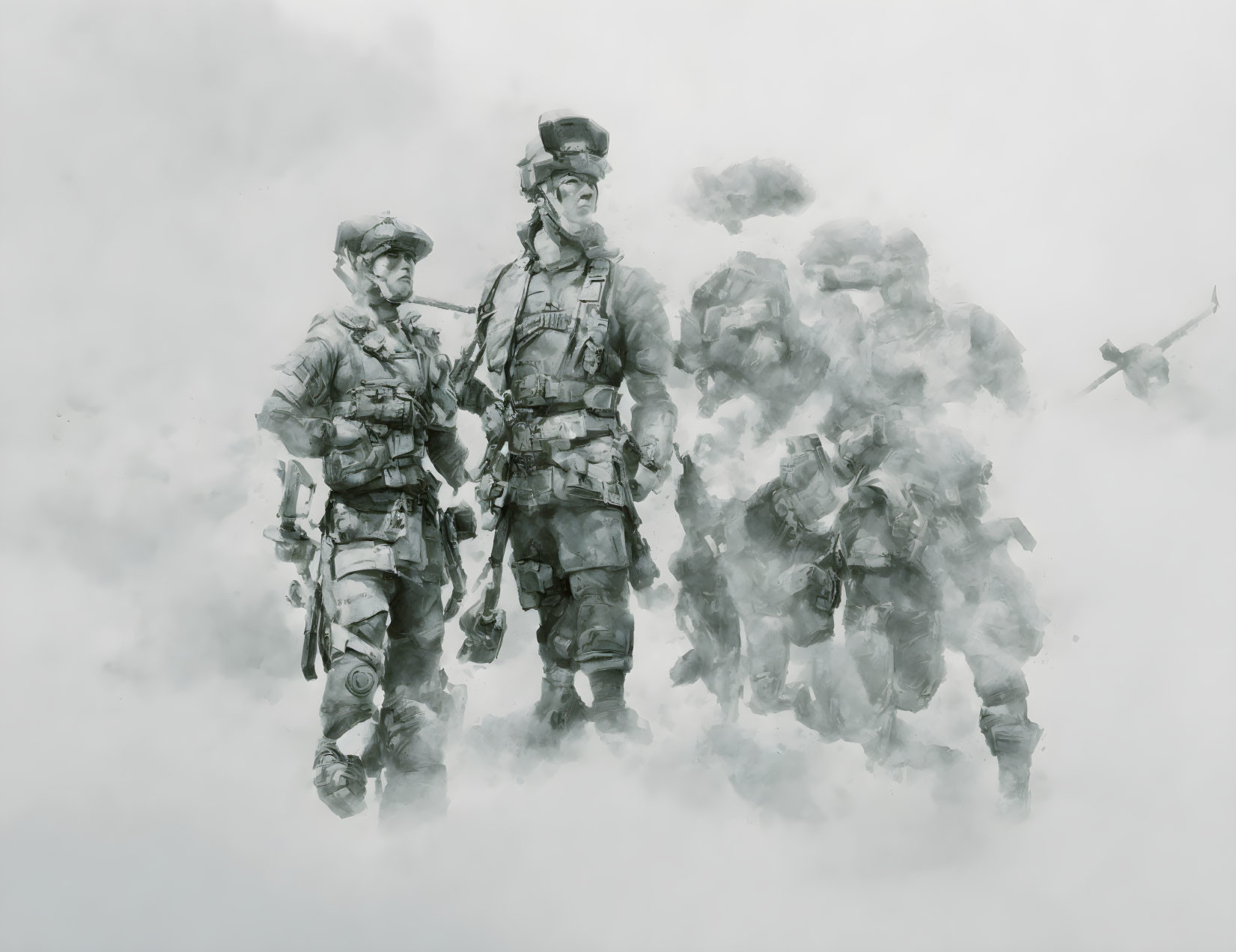 Military soldiers in combat gear with smoky background and helicopter.