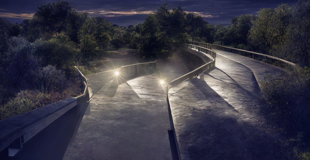 Twilight park scene with curved wooden bridge and illuminated lamps