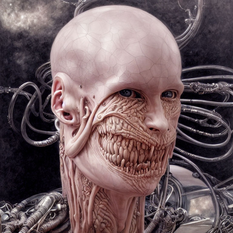 Detailed cyborg illustration with bald head and exposed mechanical neck.