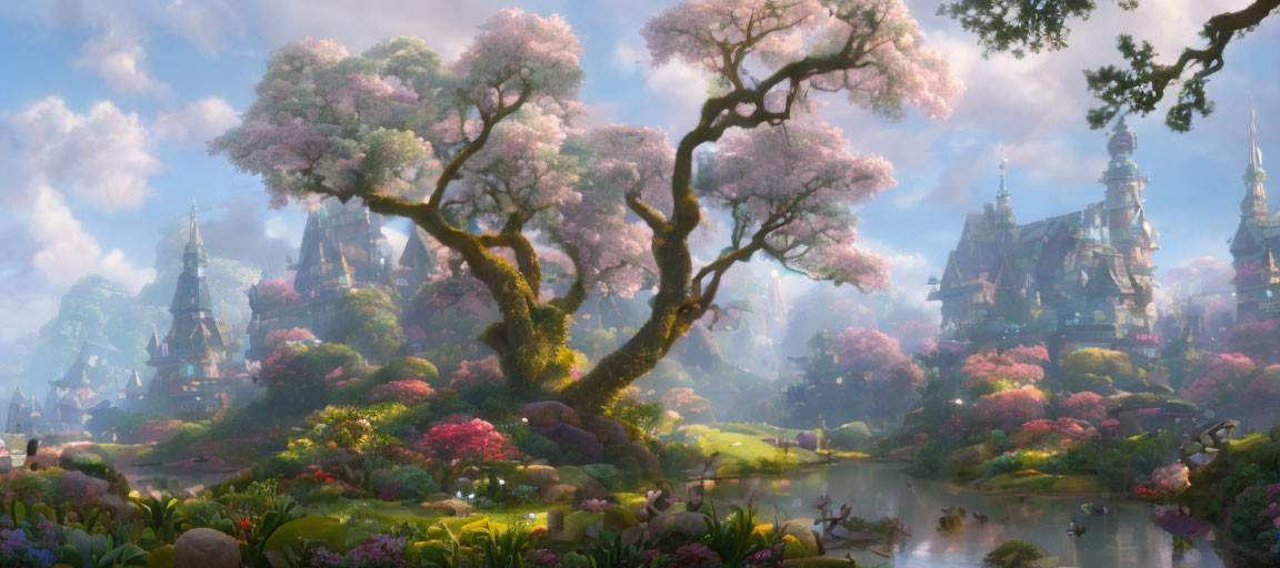 Fantasy landscape with pink trees, river, and castle in soft light