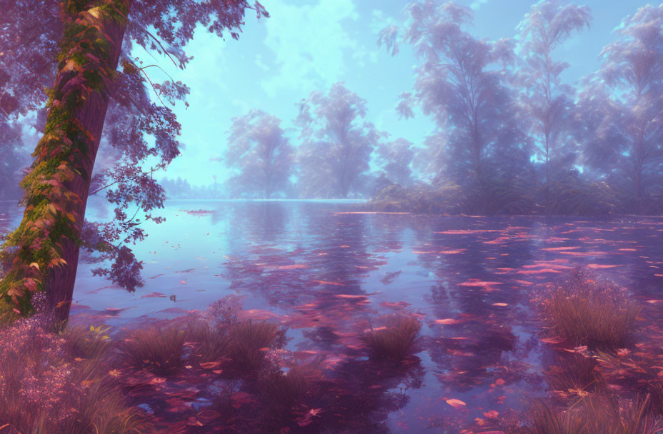 Tranquil Pink Landscape with Lake and Trees