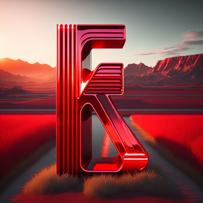 Stylized red letter "F" in 3D rendering with mountain backdrop