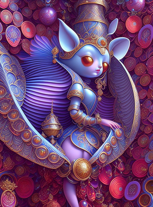 Stylized anthropomorphic blue cat with golden and purple wings in ornate illustration