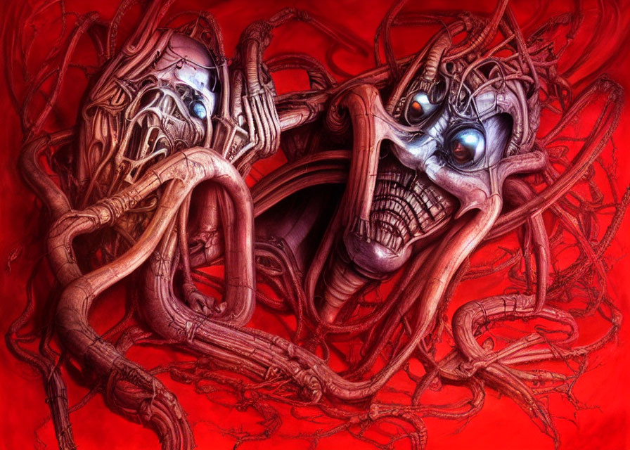 Digital artwork: Metallic skeletal figures intertwined with red tendrils on crimson backdrop