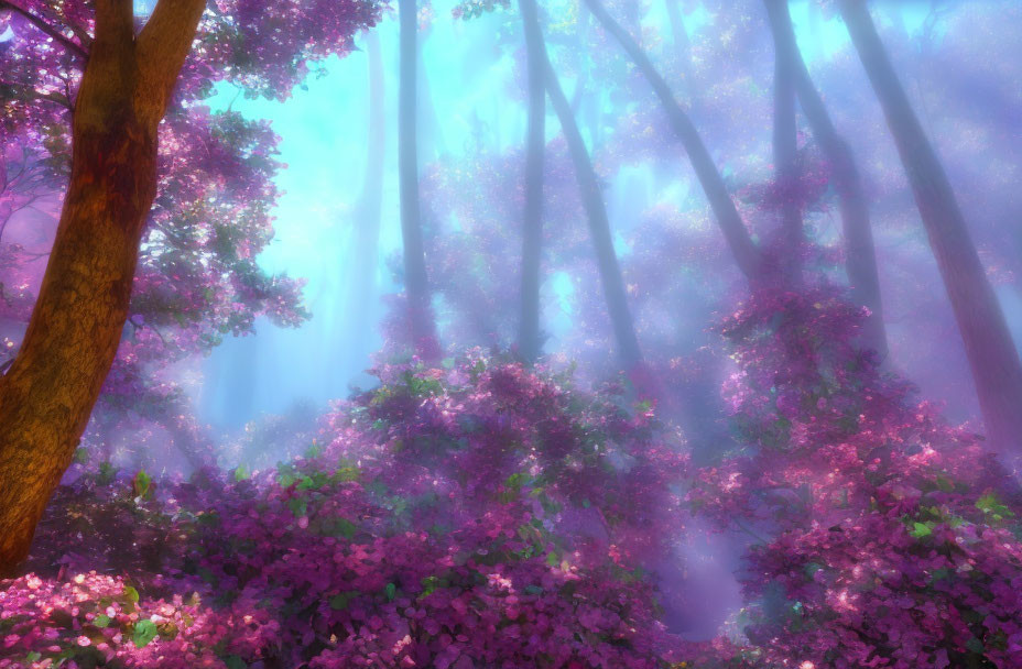 Sunlit Mystical Forest with Purple Flowers