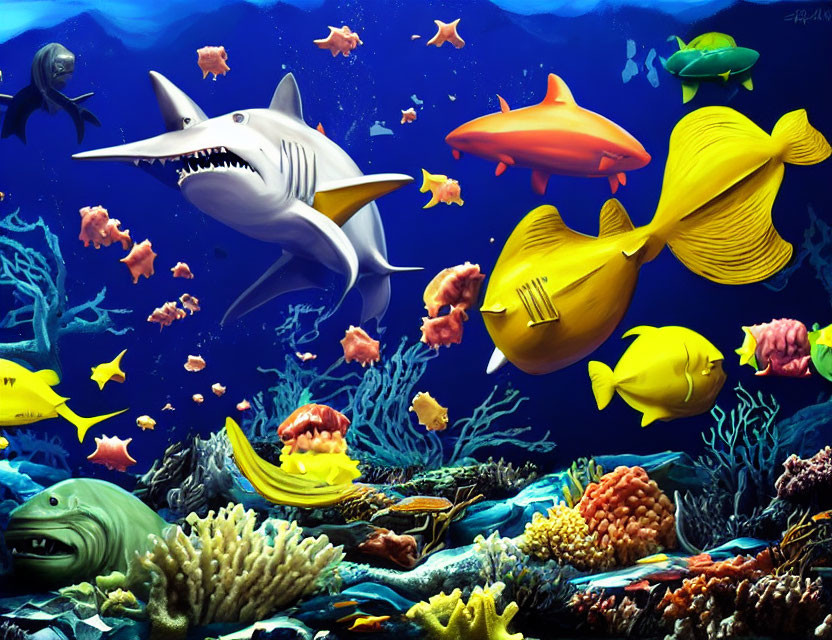 Colorful Fish, Shark, and Coral in Vibrant Underwater Scene