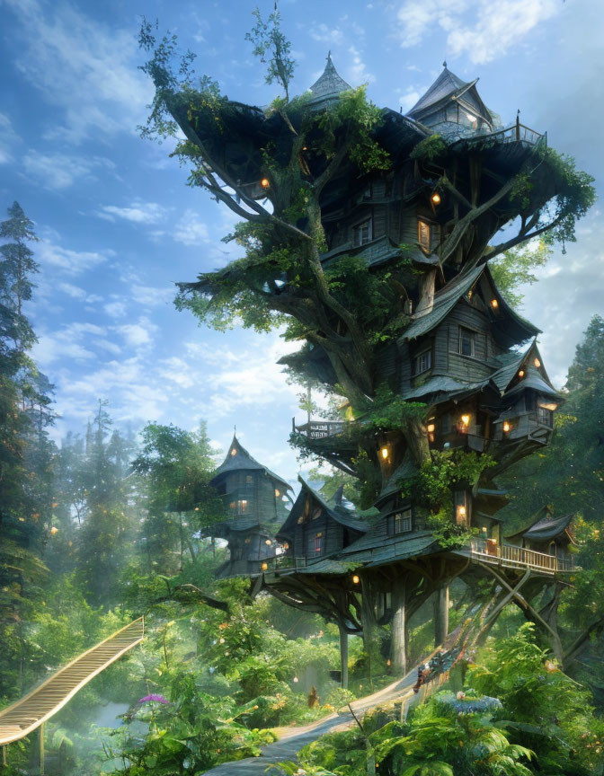 Multi-tiered treehouse with wooden houses and bridges in enchanted forest