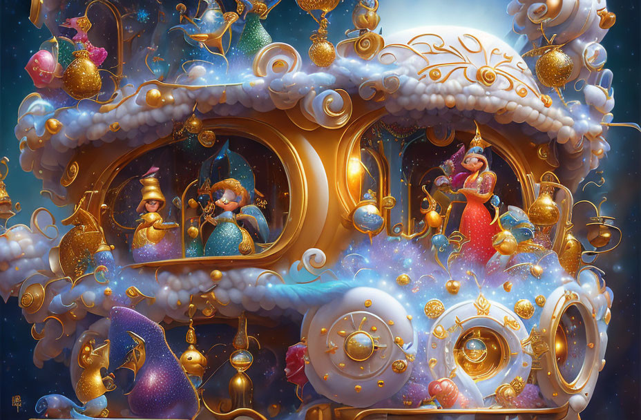 Golden Christmas Carriage Floats Among Clouds with Animated Characters