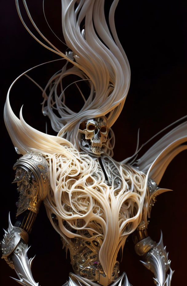 Skeleton warrior with ornate armor and white hair on dark background