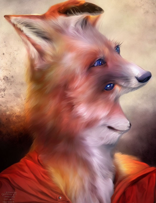 Anthropomorphic fox digital painting with blue eyes and red jacket on beige background