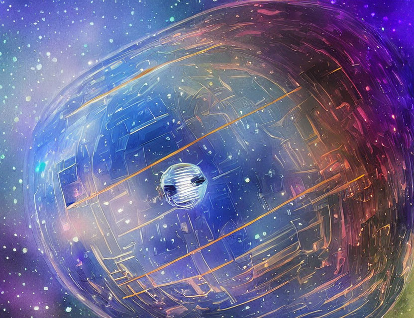 Vibrant digital artwork of futuristic spherical structure in space