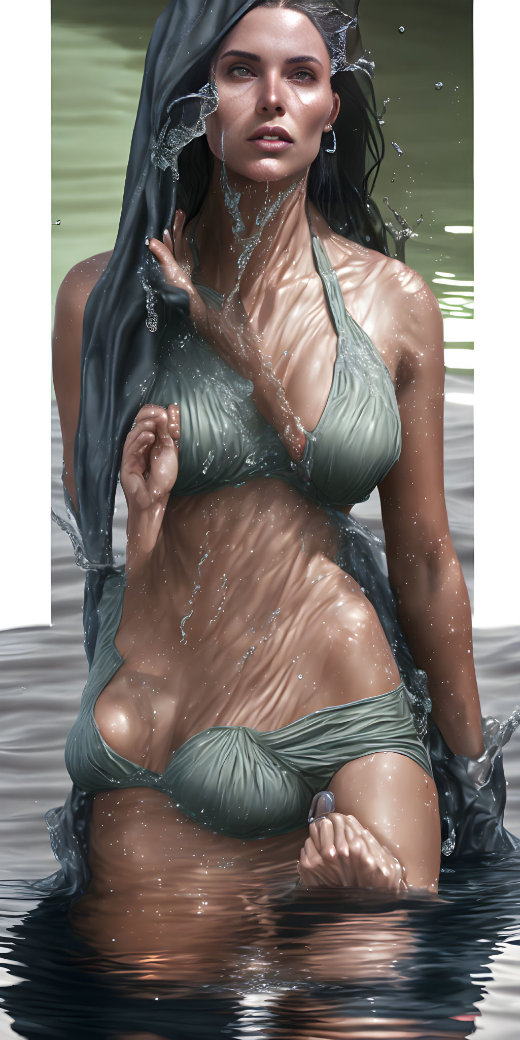 Woman in Green Swimsuit Emerges from Water with Cascading Droplets