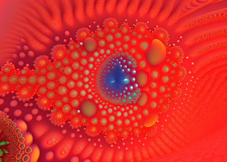 Colorful fractal art with red, orange, and blue patterns resembling cellular structures