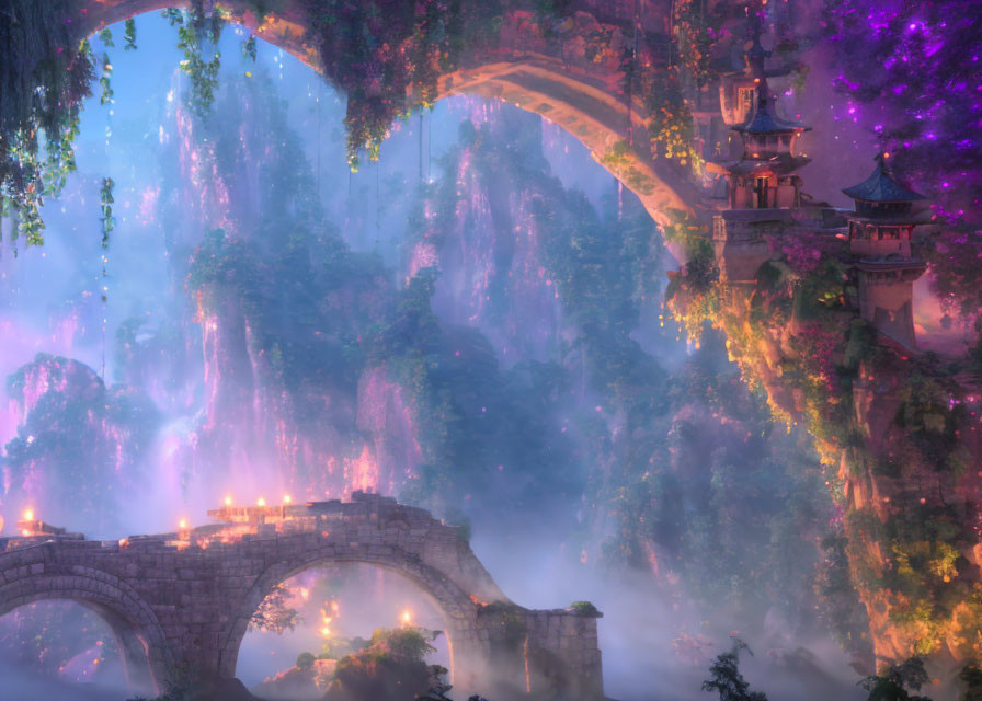 Fantasy landscape with stone bridges, misty mountains, glowing lights, pagodas, and purple