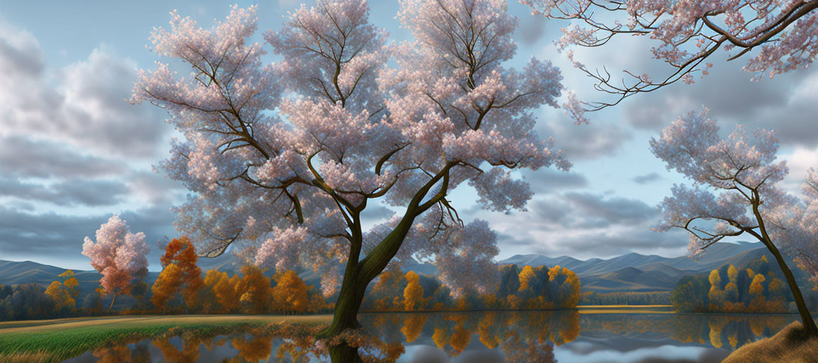 Tranquil landscape with cherry blossoms, lake, autumn trees, hills, cloudy sky