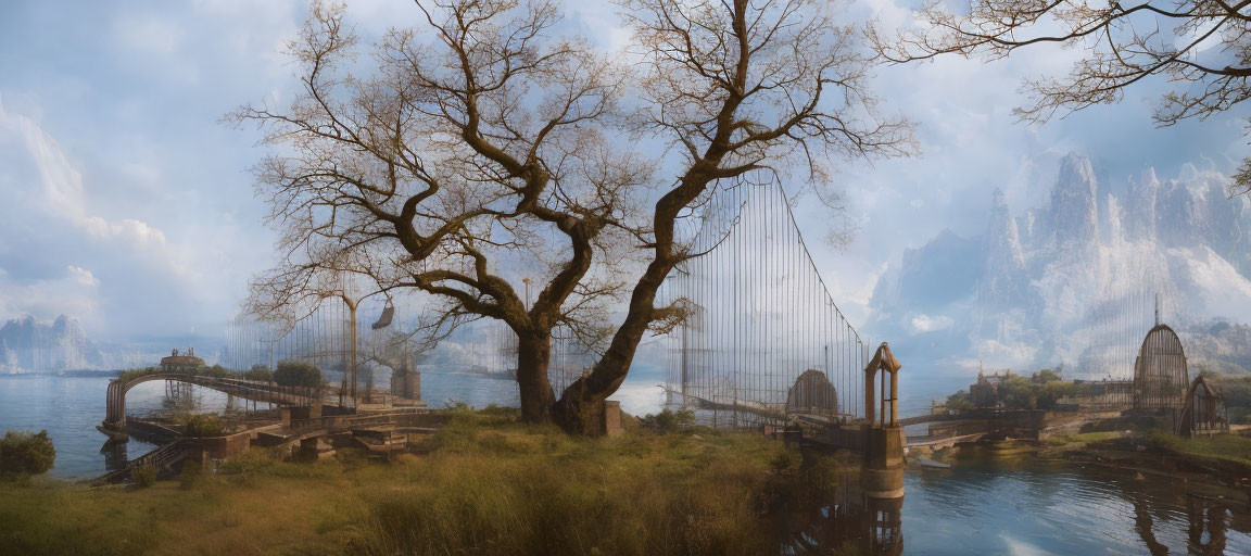 Majestic fantasy landscape with mountains, tree, river, and bridge