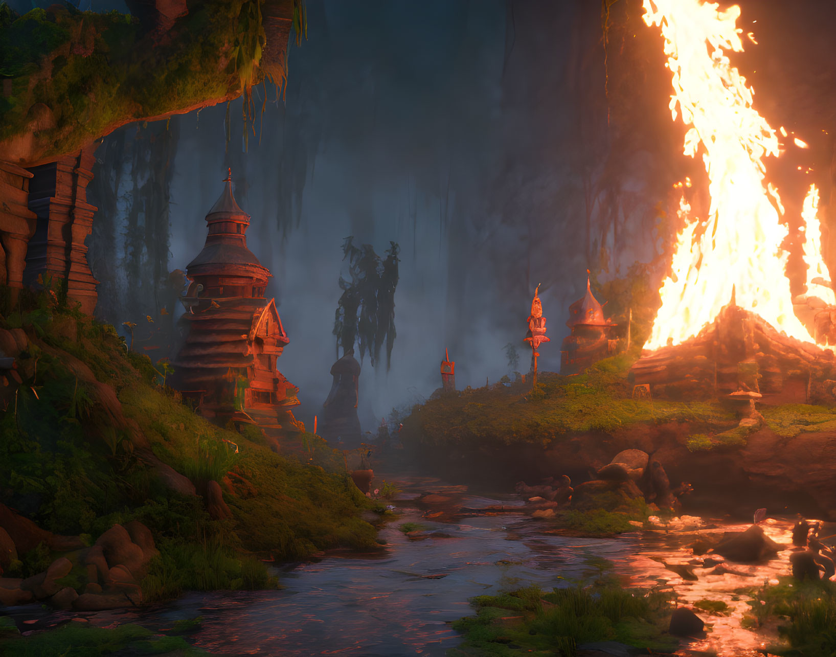 Mystical landscape with pagoda structures, river, fire explosion, twilight sky