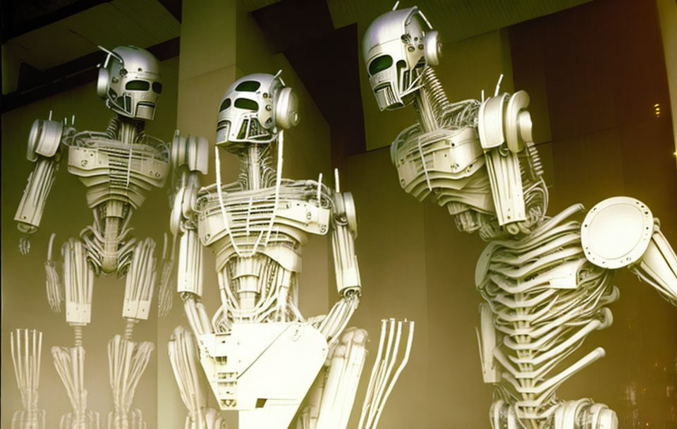 Futuristic humanoid robot sculptures with visible skeletal structures