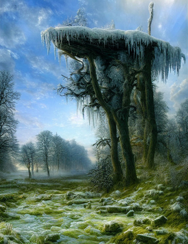 Frost-covered winter landscape with bare trees and icicles