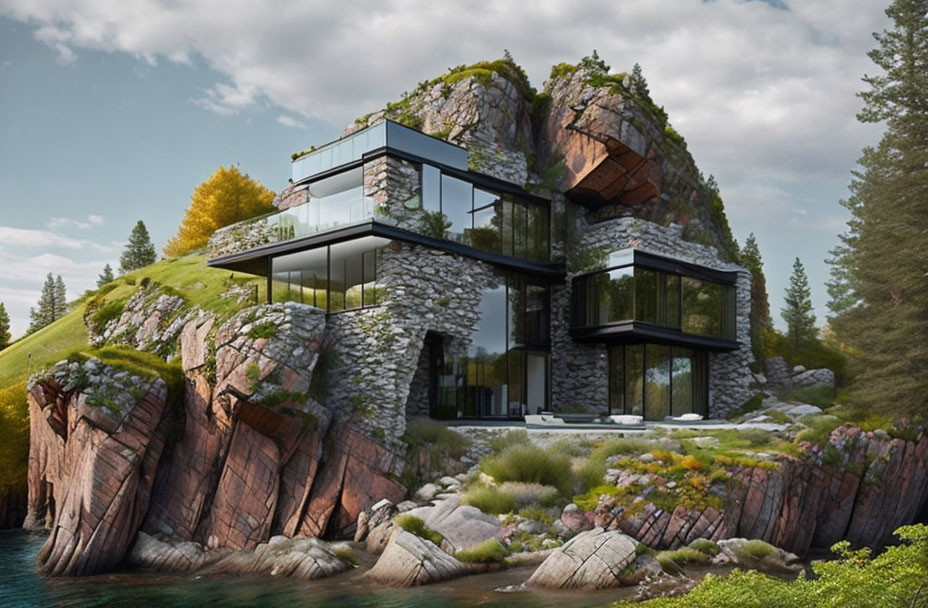 Glass-walled modern house on rocky cliff by water & trees