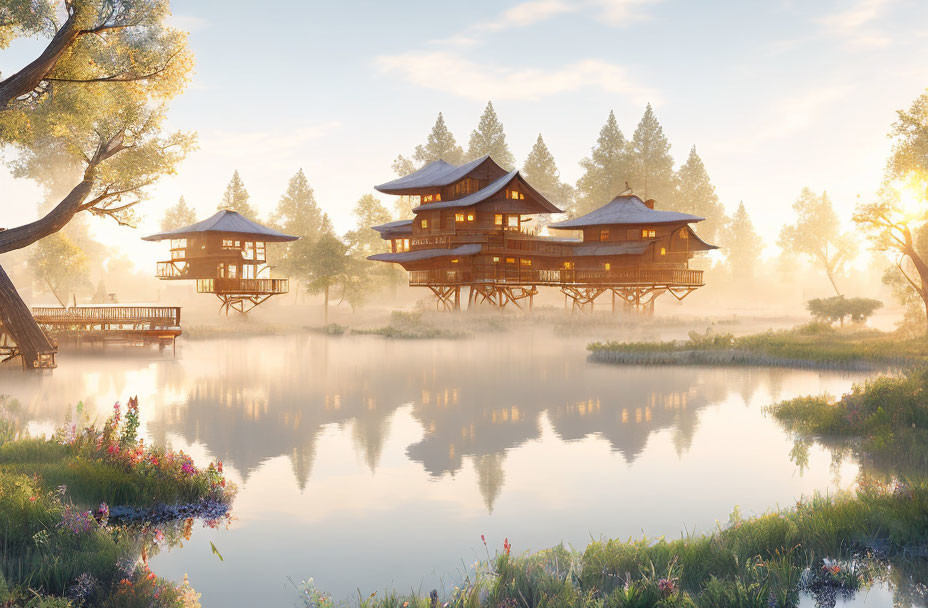 Stilted wooden houses mirrored in serene lake at sunrise