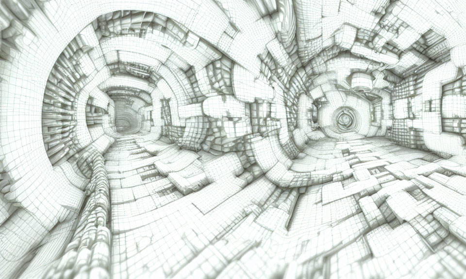 Monochrome digital 3D rendering of complex wireframe tunnel