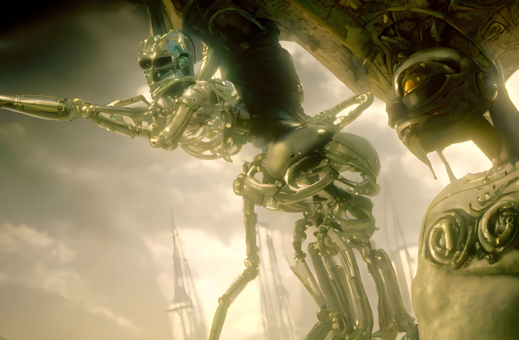 Intricately designed humanoid robots interacting under golden sky