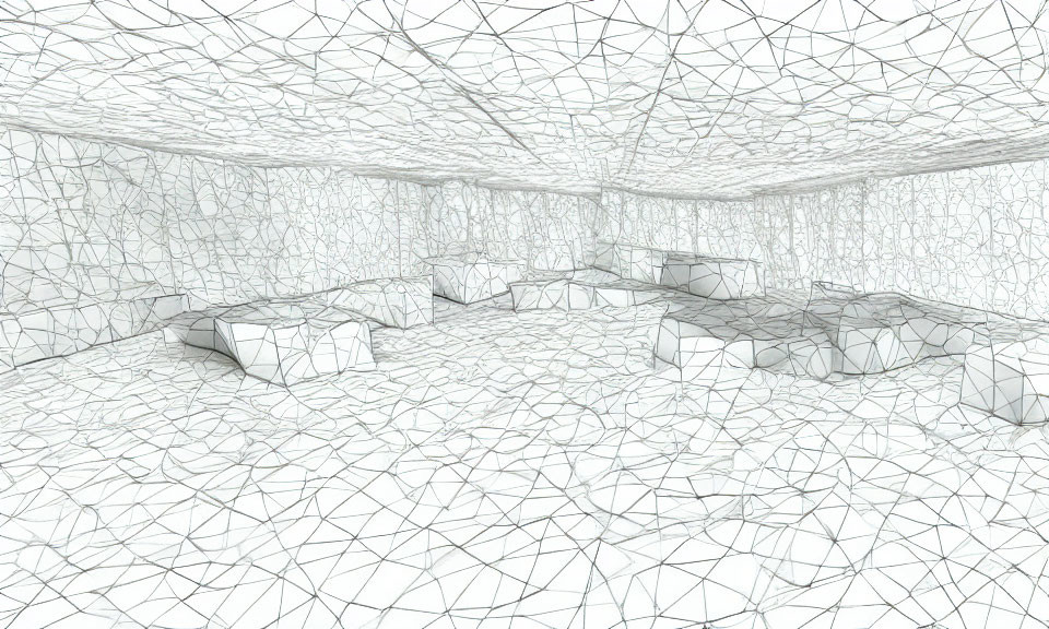 White Mesh Wireframe Room with Cube Objects Scattered