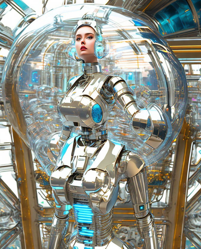 Female Android in Clear Dome Helmet & Metallic Body in High-Tech Setting