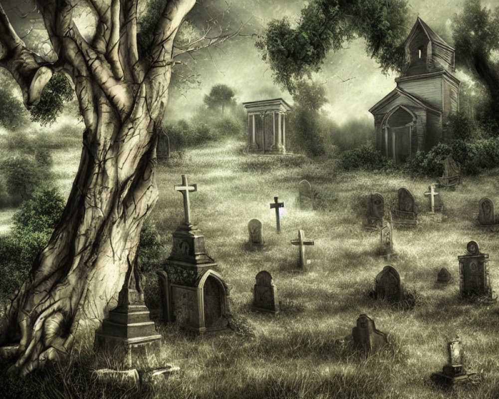 Spooky graveyard scene with tombstones, church, and tree in misty setting