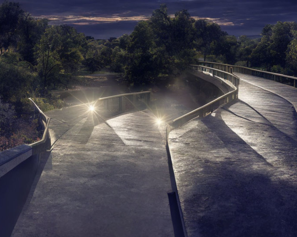 Twilight park scene with curved wooden bridge and illuminated lamps