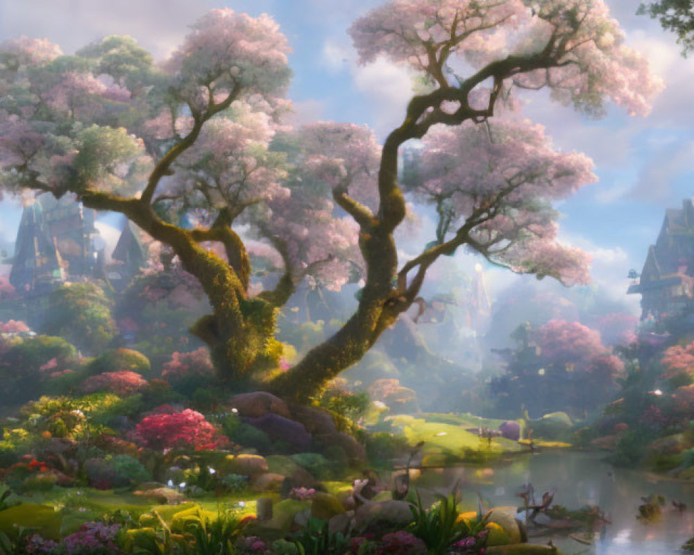 Fantasy landscape with pink trees, river, and castle in soft light