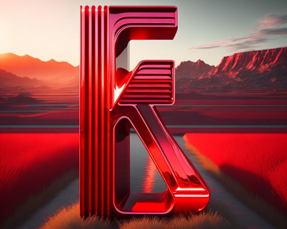 Stylized red letter "F" in 3D rendering with mountain backdrop