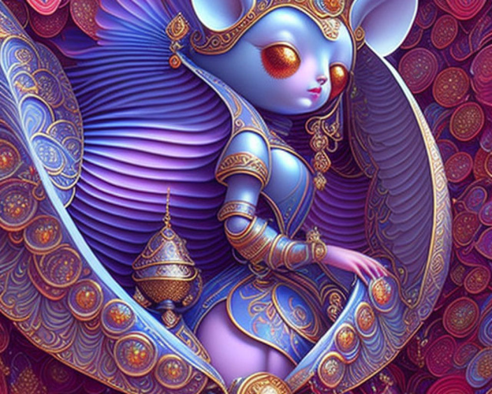 Stylized anthropomorphic blue cat with golden and purple wings in ornate illustration