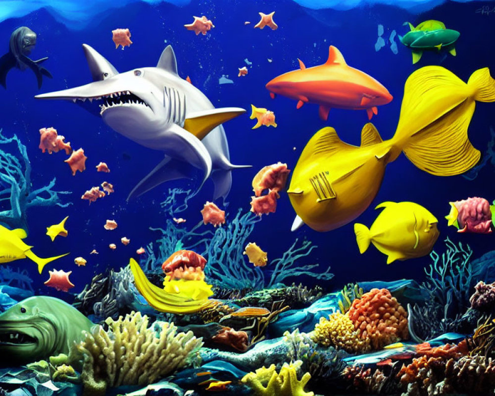 Colorful Fish, Shark, and Coral in Vibrant Underwater Scene