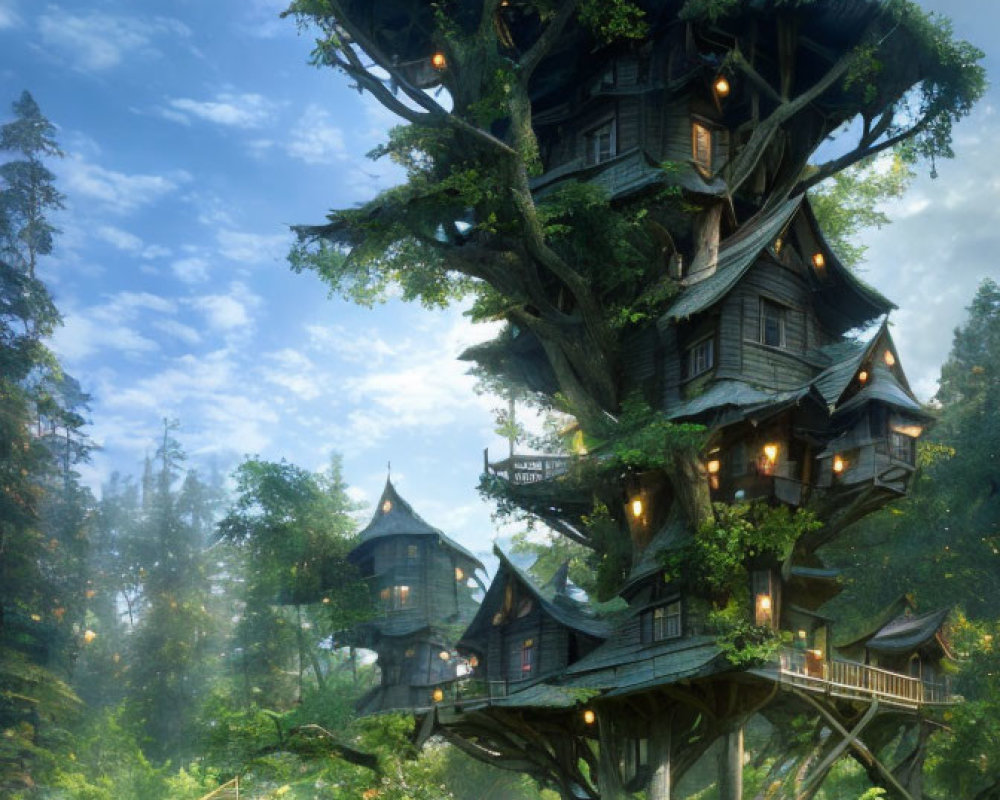 Multi-tiered treehouse with wooden houses and bridges in enchanted forest