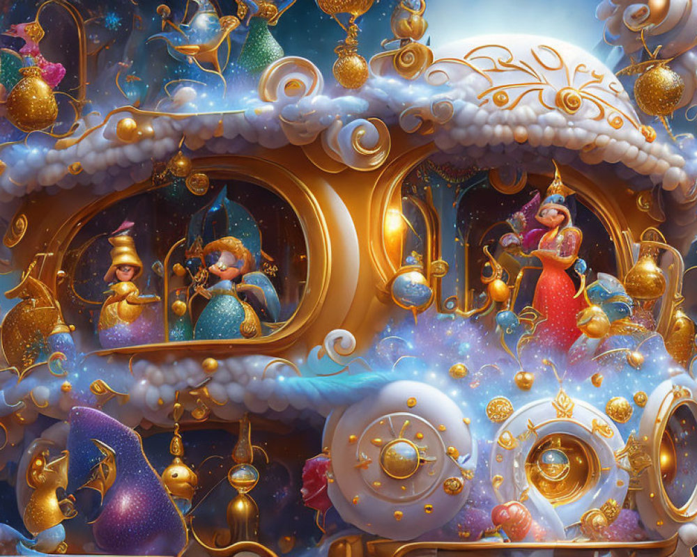 Golden Christmas Carriage Floats Among Clouds with Animated Characters