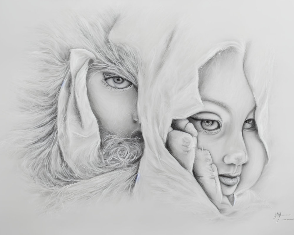 Monochromatic pencil drawing of man and young girl blending human and animal elements