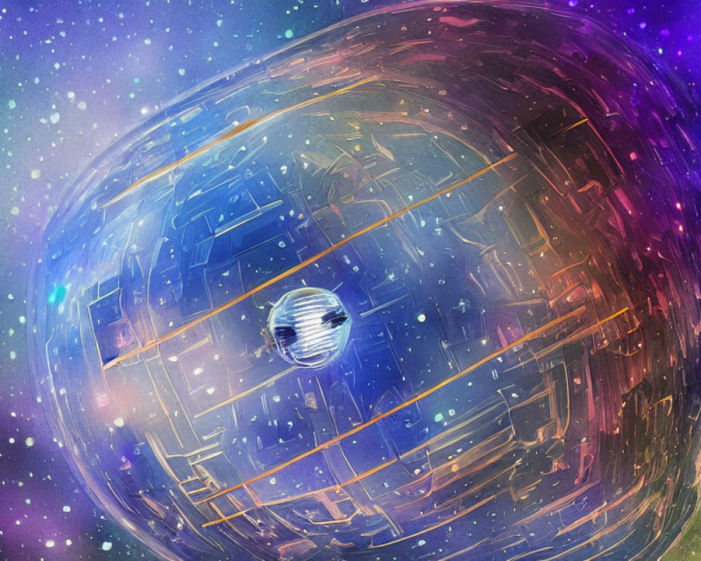 Vibrant digital artwork of futuristic spherical structure in space