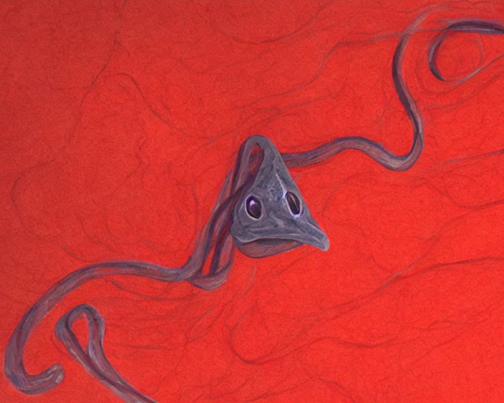 Purple triangular figure with tentacles on red textured background