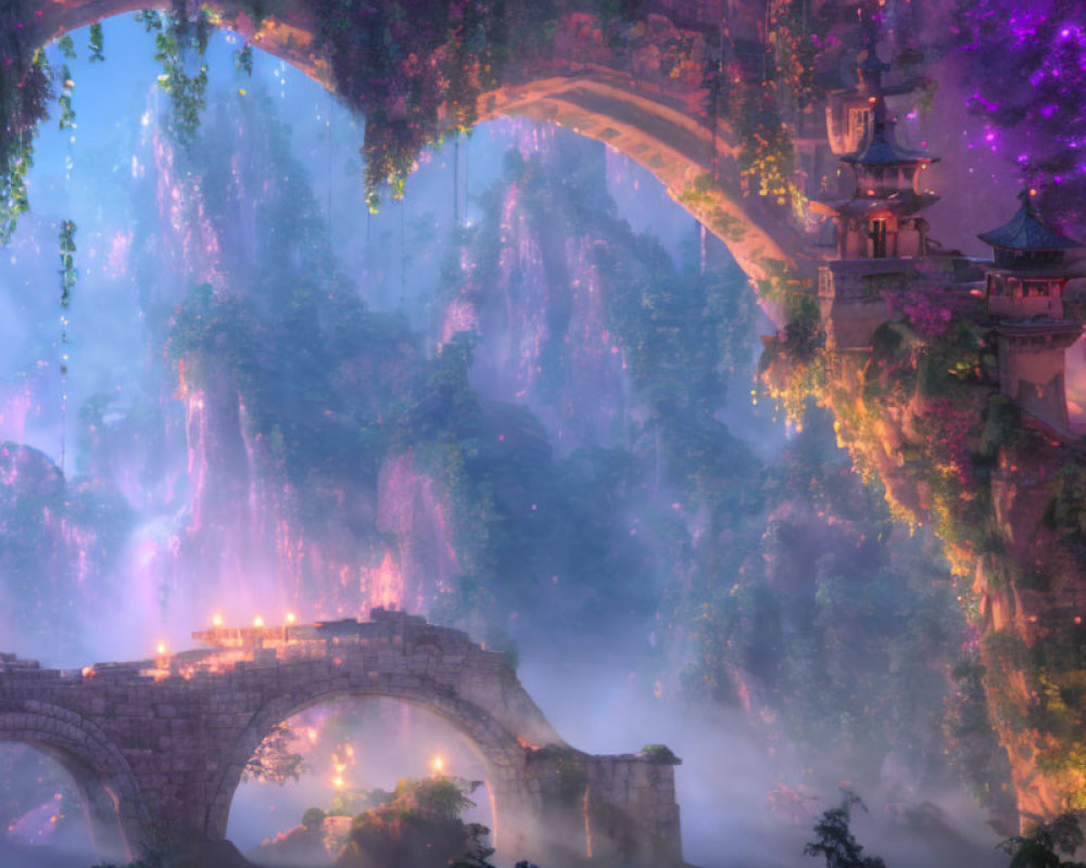 Fantasy landscape with stone bridges, misty mountains, glowing lights, pagodas, and purple