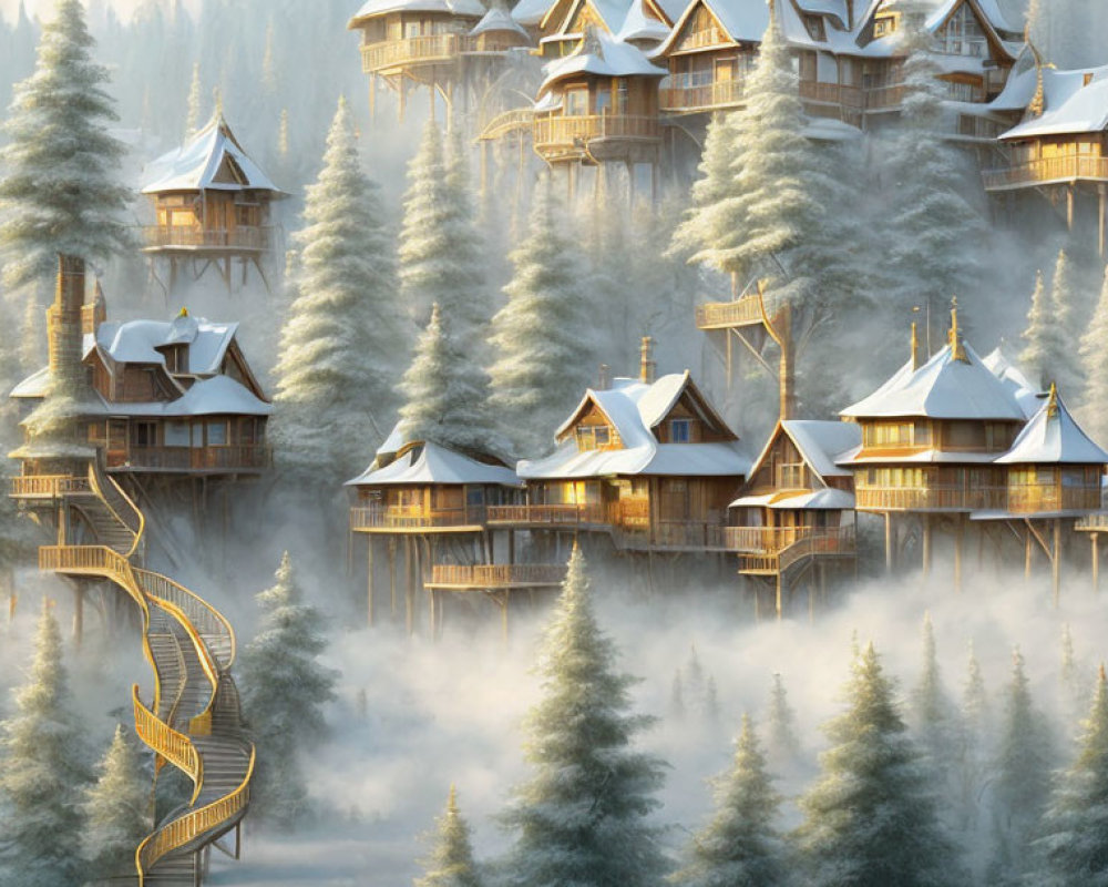 Snowy Conifer Treehouses with Spiral Staircase in Winter Forest