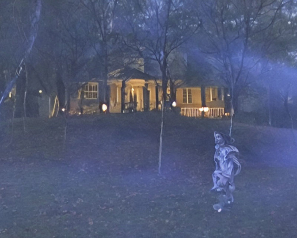 Dimly lit house with ghostly figure in spooky night scene