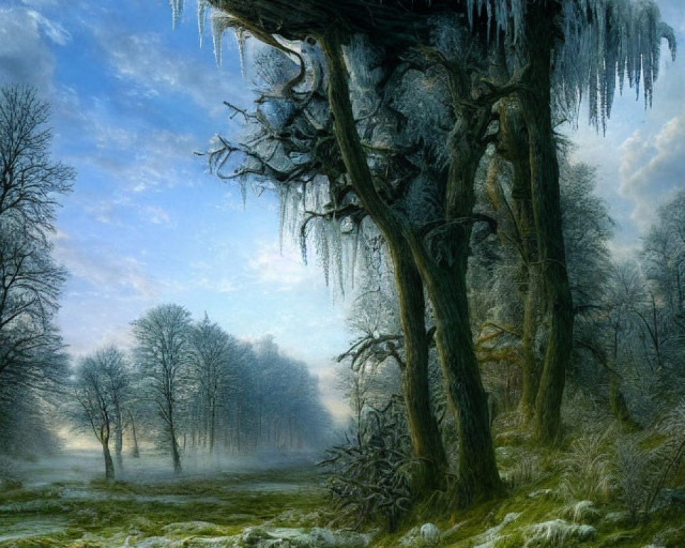 Frost-covered winter landscape with bare trees and icicles